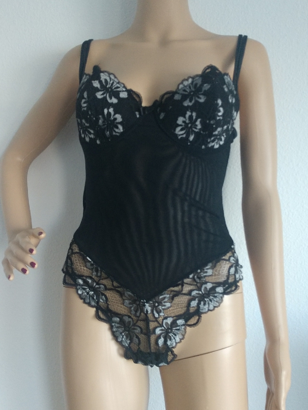 Black Floral Lace Bodysuit Chemise with Contrast Embroidery